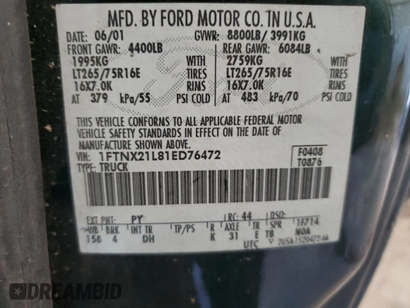 2001 Ford Super Duty F-250 XL with VIN 1FTNX21L81ED76472, listed as a Copart auction lot 46897535 with 124,250 mi miles and Salvage Title. Bid and sale history available at carsss.com. Image 14.