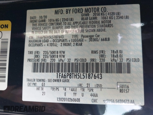 2020 Ford Mustang EcoBoost with VIN 1FA6P8TH5L5187643, listed as a IAAI auction lot 41826302 with 49,886 mi miles. Bid and sale history available at carsss.com. Image 9.