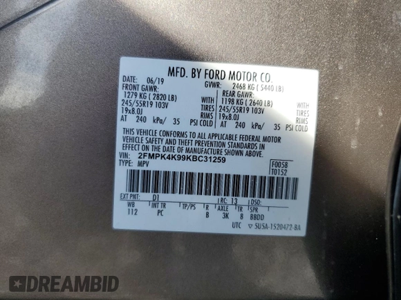 2019 Ford Edge Titanium with VIN 2FMPK4K99KBC31259, listed as a Copart auction lot 63067555 with 86,629 mi miles and Salvage title. Bid and sale history available at DreamBid. Image 13.