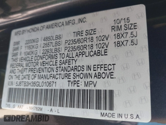 2016 Acura RDX with VIN 5J8TB3H35GL010671, listed as a IAAI auction lot 41701207 with 119,373 mi miles. Bid and sale history available at carsss.com. Image 9.