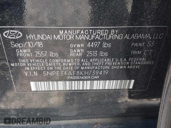 2019 Hyundai Sonata SEL with VIN 5NPE34AF8KH739419, listed as a IAAI auction lot 42125603 with 123,540 mi miles and . Bid and sale history available at DreamBid. Image 9.