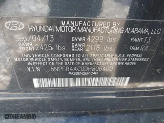 2013 Hyundai Sonata GLS with VIN 5NPEB4AC0DH806400, listed as a IAAI auction lot 42060532 with 124,735 mi miles. Bid and sale history available at carsss.com. Image 9.