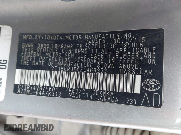2015 Toyota Corolla L z VIN 2T1BURHE0FC468259, wystawiony jako IAAI lot #41559030 z przebiegiem 299 557 mil mil oraz . Historia ofert i sprzedaży dostępna na DreamBid. Obrazek 9.