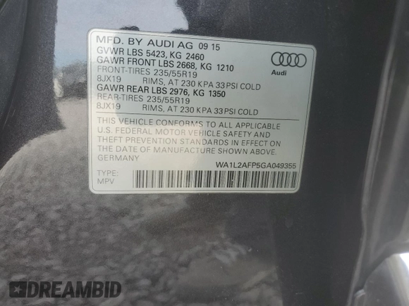 2016 Audi Q5 Premium Plus with VIN WA1L2AFP5GA049355, listed as a Copart auction lot 45203945 with 108,652 mi miles and Salvage Title. Bid and sale history available at carsss.com. Image 15.