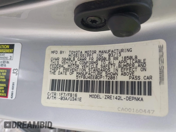 2013 Toyota Corolla L with VIN 5YFBU4EE0DP172081, listed as a IAAI auction lot 42115933 with 144,319 mi miles and . Bid and sale history available at DreamBid. Image 9.