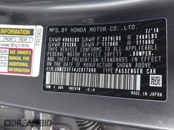 2018 Honda Clarity Plug-In Hybrid with VIN JHMZC5F14JC017006, listed as a IAAI auction lot 42064754 with 36,976 mi miles. Bid and sale history available at carsss.com. Image 9.