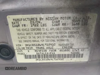 2004 Nissan Sentra S z VIN 3N1CB51D64L912410, wystawiony jako IAAI lot #41925283 z przebiegiem 100 351 mil mil oraz . Historia ofert i sprzedaży dostępna na DreamBid. Obrazek 9.