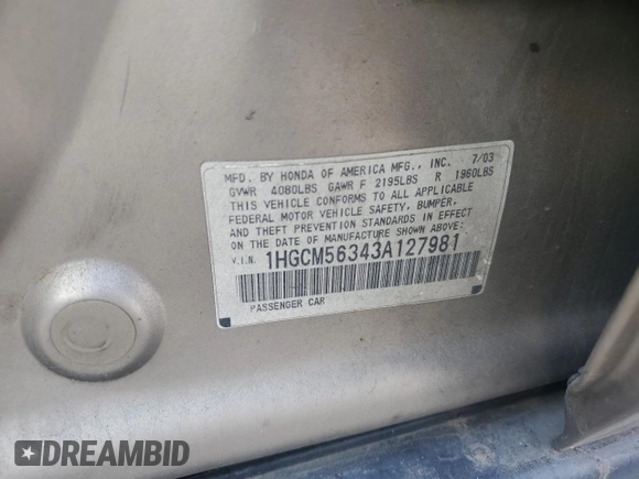 2003 Honda Accord LX with VIN 1HGCM56343A127981, listed as a Copart auction lot 63440625 with 223,060 mi miles and Salvage title. Bid and sale history available at DreamBid. Image 12.