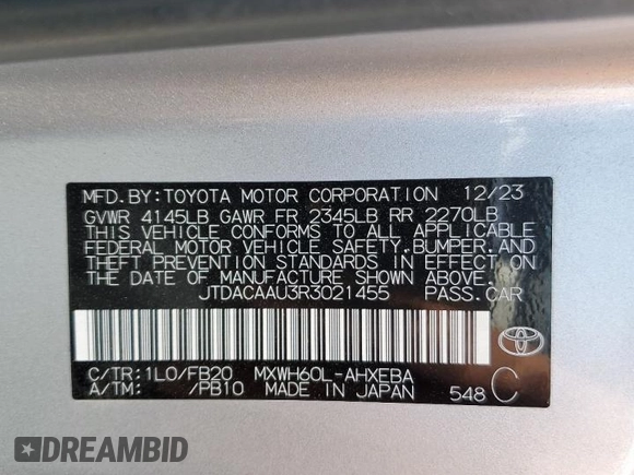 2024 Toyota Prius LE with VIN JTDACAAU3R3021455, listed as a Copart auction lot 54589325 with 18,459 mi miles and Salvage title. Bid and sale history available at DreamBid. Image 13.