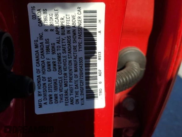 2016 Honda Civic EX with VIN 2HGFC2F72GH543505, listed as a Copart auction lot 87954465 with 25,690 mi miles and Salvage Title. Bid and sale history available at DreamBid. Image 12.