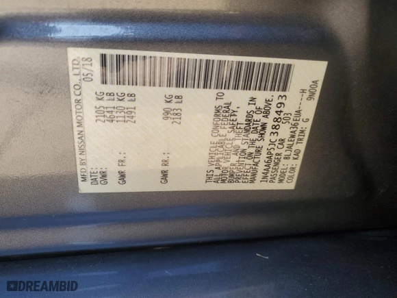 2018 Nissan Maxima S with VIN 1N4AA6AP5JC388493, listed as a Copart auction lot 50801915 with 51,460 mi miles and Salvage Title. Bid and sale history available at carsss.com. Image 12.