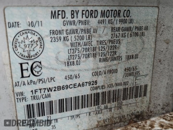 2012 Ford Super Duty F-250 SRW XL with VIN 1FT7W2B69CEA67925, listed as a Copart auction lot 49746005 with 216,841 mi miles and Salvage Title. Bid and sale history available at carsss.com. Image 14.