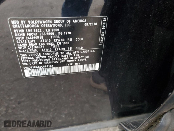 2018 Volkswagen Atlas SE with VIN 1V2DP2CA6JC593164, listed as a Copart auction lot 88889525 with 124,184 mi miles and Salvage title. Bid and sale history available at DreamBid. Image 12.