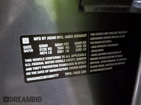 2011 Buick Regal CXL RL3 with VIN W04GR5EC5B1003777, listed as a Copart auction lot 42701105 with Not provided miles and Salvage title. Bid and sale history available at DreamBid. Image 14.