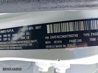 2017 Alfa Romeo Giulia Ti with VIN ZARFAECN0H7560749, listed as a IAAI auction lot 41674283 with 109,678 mi miles. Bid and sale history available at carsss.com. Image 9.