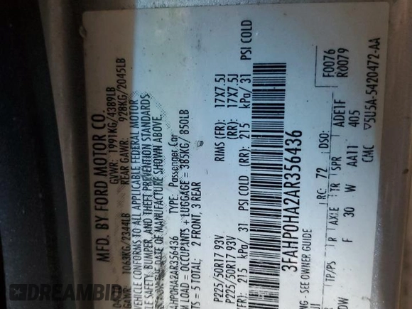 2010 Ford Fusion SE with VIN 3FAHP0HA2AR356436, listed as a Copart auction lot 58396205 with 97,546 mi miles and Salvage title. Bid and sale history available at DreamBid. Image 13.