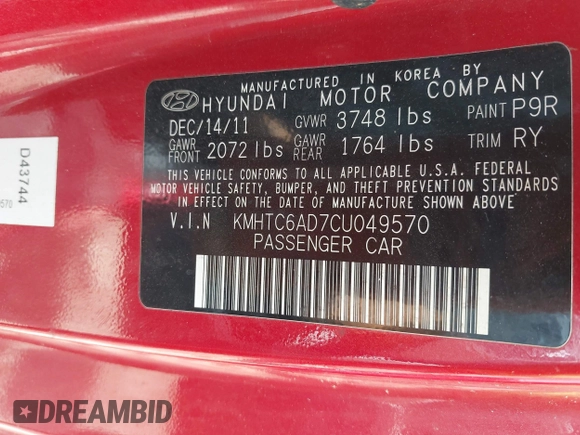 2012 Hyundai Veloster w/Black Int with VIN KMHTC6AD7CU049570, listed as a IAAI auction lot 42265051 with 79,896 mi miles and . Bid and sale history available at DreamBid. Image 9.