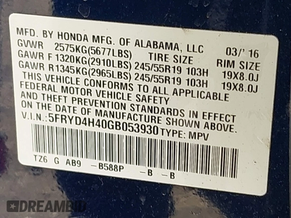 2016 Acura MDX w/Tech with VIN 5FRYD4H40GB053930, listed as a IAAI auction lot 41965048 with 1 mi miles. Bid and sale history available at carsss.com. Image 9.
