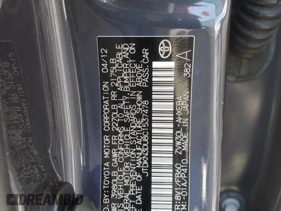 2012 Toyota Prius One with VIN JTDKN3DU8C1537478, listed as a Copart auction lot 58736315 with 149,932 mi miles and Salvage title. Bid and sale history available at DreamBid. Image 13.