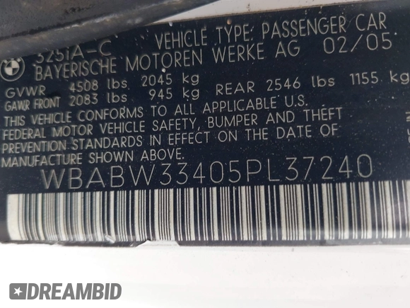 2005 BMW 3 Series 325Ci with VIN WBABW33405PL37240, listed as a IAAI auction lot 41650058 with 154,954 mi miles and . Bid and sale history available at carsss.com. Image 9.