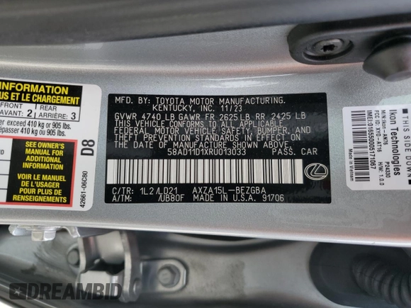 2024 Lexus ES 250 with VIN 58AD11D1XRU013033, listed as a Copart auction lot 53267625 with 17,916 mi miles and Salvage title. Bid and sale history available at DreamBid. Image 14.