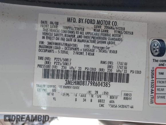 2009 Mercury Milan Premier with VIN 3MEHM08179R604385, listed as a IAAI auction lot 41902683 with 142,451 mi miles and . Bid and sale history available at DreamBid. Image 9.