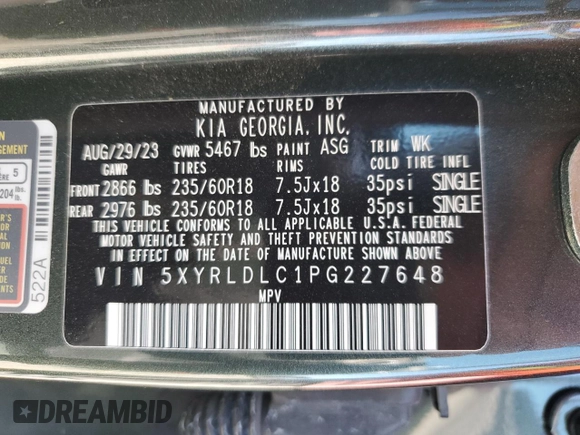 2023 Kia Sorento X-Line S with VIN 5XYRLDLC1PG227648, listed as a Copart auction lot 80270424 with 10,097 mi miles and Clean Title. Bid and sale history available at carsss.com. Image 16.