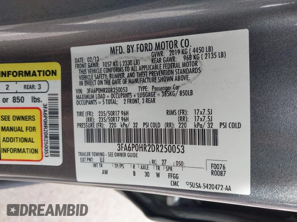 2013 Ford Fusion SE with VIN 3FA6P0HR2DR250053, listed as a IAAI auction lot 41860234 with 153,847 mi miles. Bid and sale history available at carsss.com. Image 9.