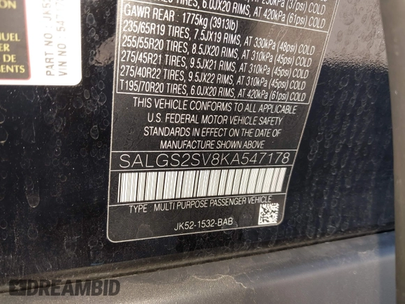 2019 Land Rover Range Rover HSE with VIN SALGS2SV8KA547178, listed as a IAAI auction lot 41544820 with 50,257 mi miles and . Bid and sale history available at DreamBid. Image 9.