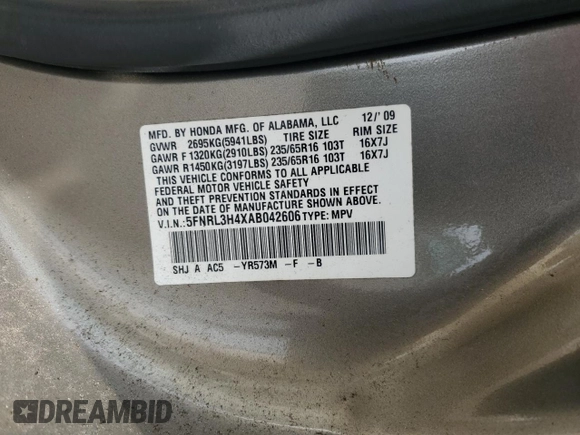 2010 Honda Odyssey EX with VIN 5FNRL3H4XAB042606, listed as a Copart auction lot 55256765 with 69,801 mi miles and Clean title. Bid and sale history available at DreamBid. Image 13.