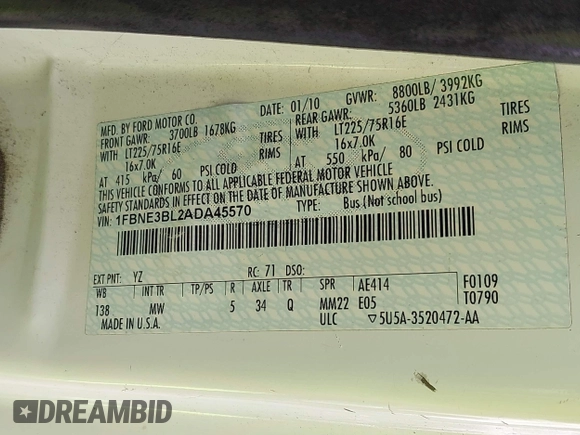 2010 Ford Econoline Passenger XL with VIN 1FBNE3BL2ADA45570, listed as a IAAI auction lot 42068419 with 262,455 mi miles and . Bid and sale history available at DreamBid. Image 9.