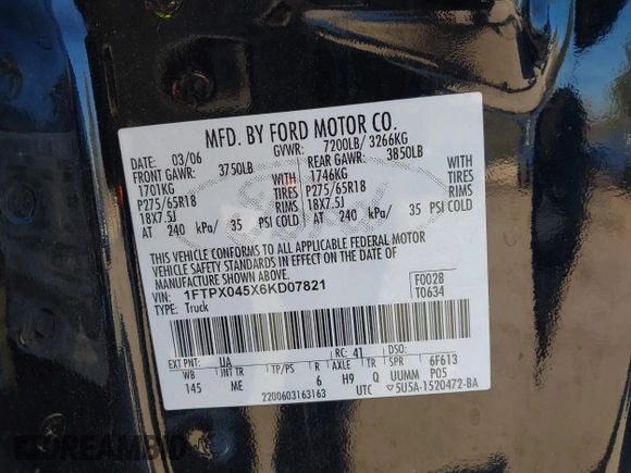 2006 Ford F-150 XLT с VIN 1FTPX045X6KD07821, выставлен на аукционе IAAI как лот 41287292 с пробегом 84 199 миль миль и . История ставок и продаж доступна на DreamBid. Изображение 9.