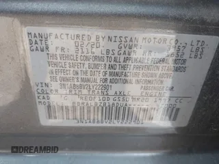 2020 Nissan Sentra S with VIN 3N1AB8BV2LY222901, listed as a IAAI auction lot 42122487 with 64,551 mi miles. Bid and sale history available at carsss.com. Image 9.