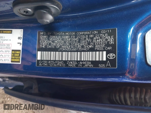 2011 Toyota Prius I with VIN JTDKN3DU6B1359407, listed as a IAAI auction lot 41777420 with 422,569 mi miles. Bid and sale history available at carsss.com. Image 9.