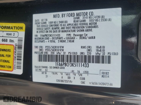 2019 Ford Mustang GT with VIN 1FA6P8CF3K5111433, listed as a Copart auction lot 59966135 with 27,572 mi miles and Salvage title. Bid and sale history available at DreamBid. Image 13.