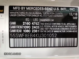 2019 Mercedes-Benz C 300 with VIN 55SWF8EB4KU301052, listed as a Copart auction lot 58484355 with 52,917 mi miles and Salvage title. Bid and sale history available at DreamBid. Image 13.