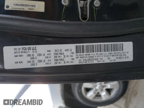 2016 Jeep Compass Sport with VIN 1C4NJCBB3GD574632, listed as a Copart auction lot 88016225 with 93,138 mi miles and Salvage title. Bid and sale history available at DreamBid. Image 13.