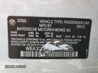 2012 BMW 3 Series 328i with VIN WBA3A5G51CNP18105, listed as a Copart auction lot 57418035 with 120,575 mi miles and Salvage title. Bid and sale history available at DreamBid. Image 12.