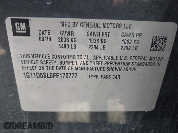 2015 Chevrolet Malibu LT with VIN 1G11D5SL6FF170777, listed as a IAAI auction lot 42122793 with 176,946 mi miles and . Bid and sale history available at DreamBid. Image 9.