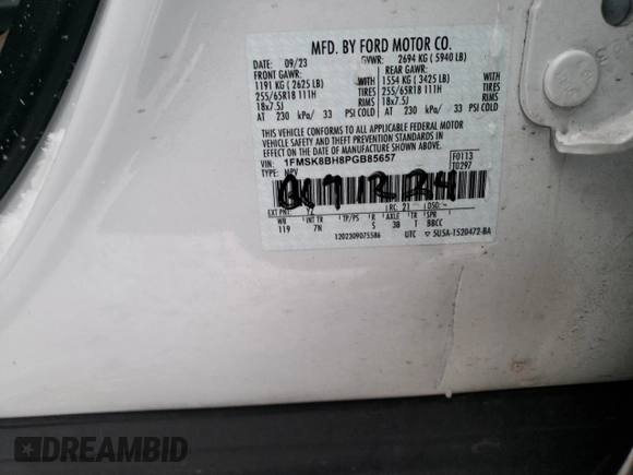 2023 Ford Explorer with VIN 1FMSK8BH8PGB85657, listed as a Copart auction lot 83587504 with 60,332 mi miles and Salvage title. Bid and sale history available at DreamBid. Image 13.