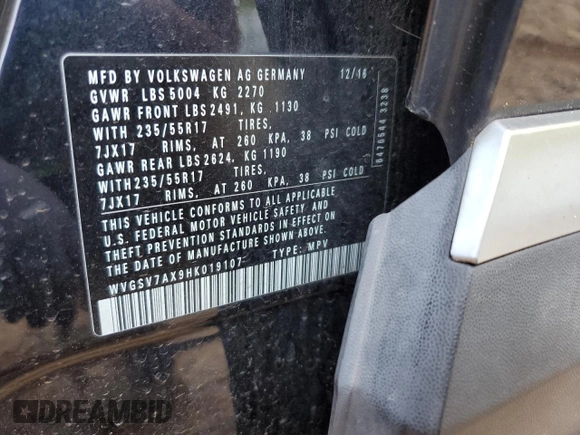2017 Volkswagen Tiguan Wolfsburg Edition with VIN WVGSV7AX9HK019107, listed as a Copart auction lot 52218085 with 65,727 mi miles and Salvage title. Bid and sale history available at DreamBid. Image 15.