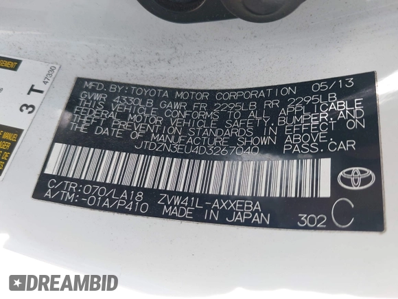 2013 Toyota Prius Two with VIN JTDZN3EU4D3267040, listed as a IAAI auction lot 41922762 with 103,841 mi miles and . Bid and sale history available at carsss.com. Image 9.