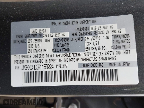 2024 Mazda CX-90 Preferred Plus with VIN JM3KKCHD3R1153224, listed as a IAAI auction lot 42148905 with 9,484 mi miles and . Bid and sale history available at DreamBid. Image 9.