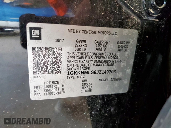 2018 GMC Acadia SLT with VIN 1GKKNMLS9JZ149703, listed as a Copart auction lot 56348815 with 107,025 mi miles and Clean title. Bid and sale history available at DreamBid. Image 13.
