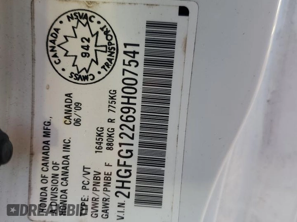 2009 Honda Civic Cpe DX with VIN 2HGFG12269H007541, listed as a Copart auction lot 78618534 with 190,746 mi miles and Salvage Title. Bid and sale history available at carsss.com. Image 12.