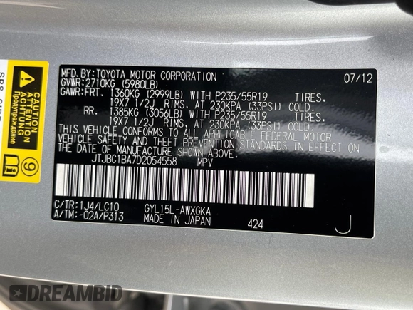 2013 Lexus RX 450h with VIN JTJBC1BA7D2054558, listed as a Copart auction lot 60864555 with 155,235 mi miles and Clean title. Bid and sale history available at DreamBid. Image 10.