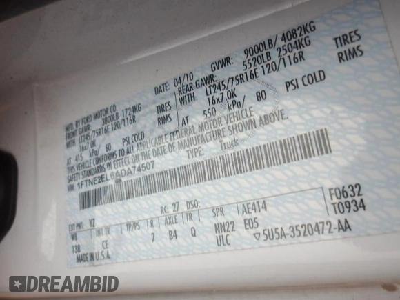 2010 Ford Econoline Cargo Commercial with VIN 1FTNE2EL6ADA74507, listed as a IAAI auction lot 42085519 with 147,442 mi miles and . Bid and sale history available at DreamBid. Image 1.