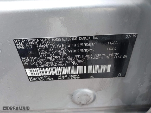 2016 Toyota RAV4 XLE with VIN 2T3WFREV4GW270548, listed as a IAAI auction lot 41699126 with 100,905 mi miles. Bid and sale history available at carsss.com. Image 9.