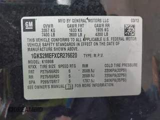 2012 GMC Yukon XL Denali with VIN 1GKS2MEFXCR276620, listed as a IAAI auction lot 41910714 with 266,800 mi miles. Bid and sale history available at carsss.com. Image 9.
