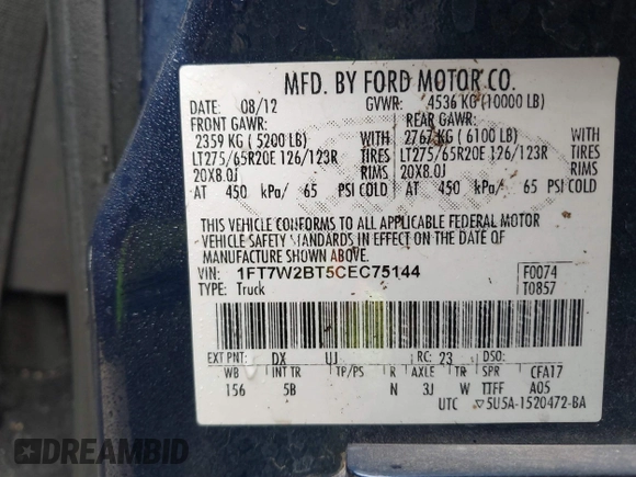 2012 Ford F-250 XL z VIN 1FT7W2BT5CEC75144, wystawiony jako IAAI lot #41339975 z przebiegiem 170 907 mil mil oraz . Historia ofert i sprzedaży dostępna na DreamBid. Obrazek 9.